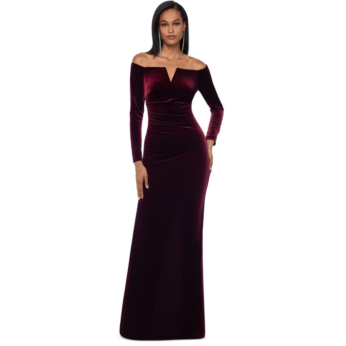 XSCAPE Petite "Christy" Long Off the Shoulder Velvet Dress, Size 8P, MSRP: 179$