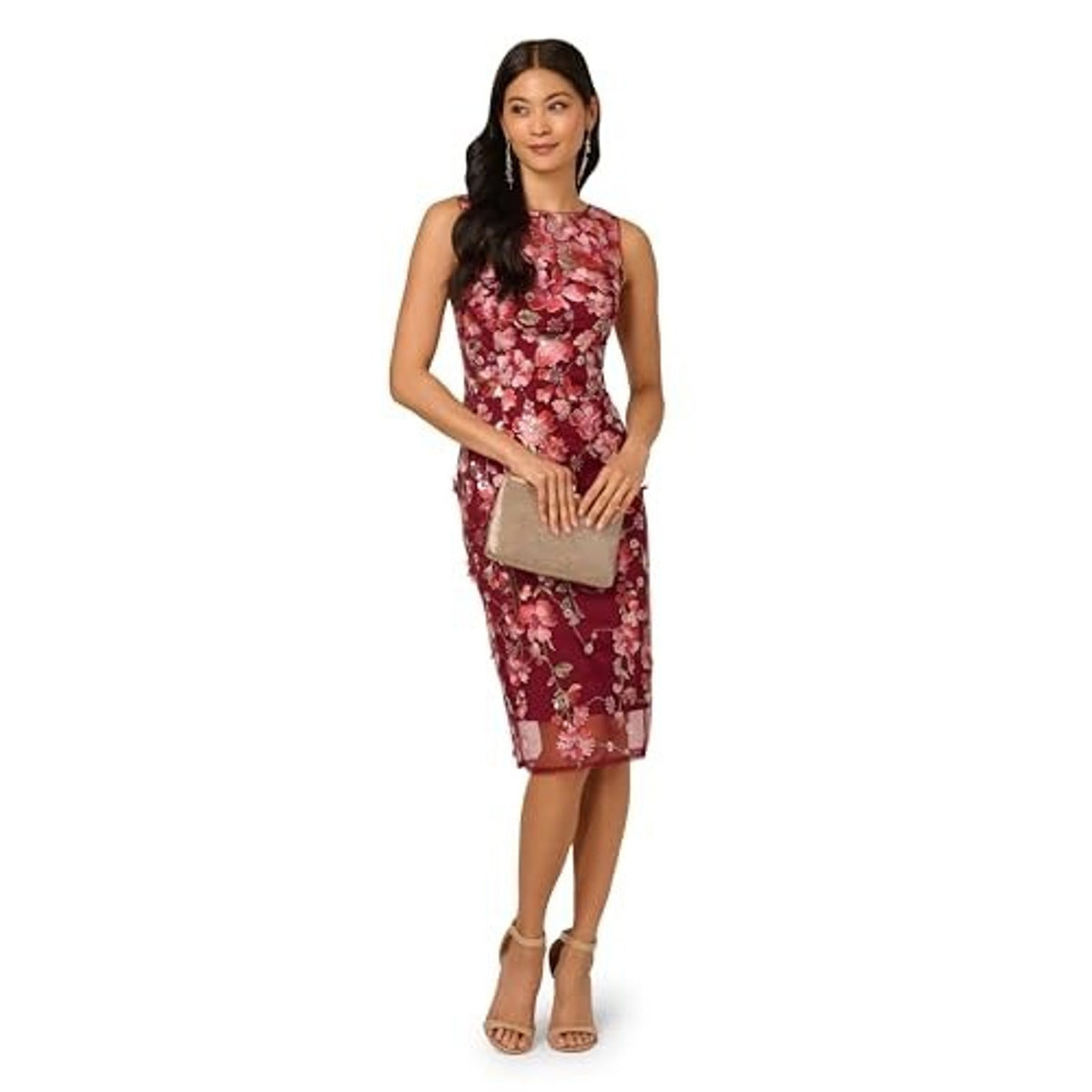 Adrianna Papell Women Embroidered Floral Midi Dress, 10 Plum Sequin 3D,MSRP:249$