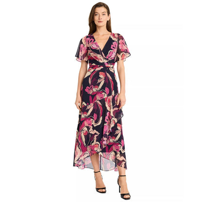 Maggy London Women's Printed V-Neck MIDI Fit & Flare Dress - Black/Appricot, 10