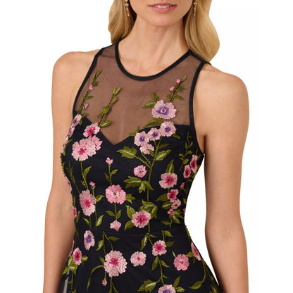 Adrianna Papell Women's Blue Floral Embroidered Beaded Fit & Flare Dress Size 4