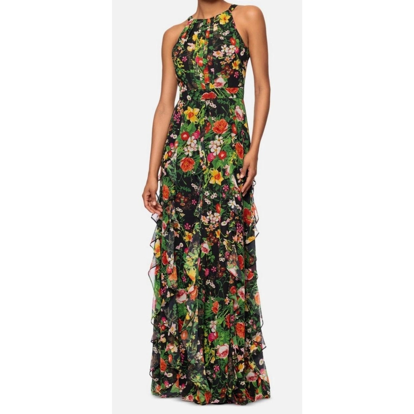 Betsy & Adam Women's Green Printed Ruffled Halter-Neck Gown Size 16, MSRP: 289$