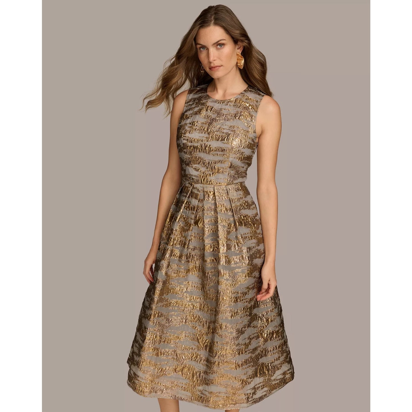 Donna Karan New York Gold Foil Gray Jacquard A-Line Knee Length 10 MSRP $269