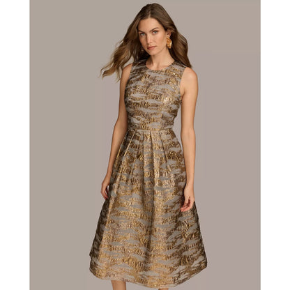 Donna Karan New York Gold Foil Gray Jacquard A-Line Knee Length 10 MSRP $269