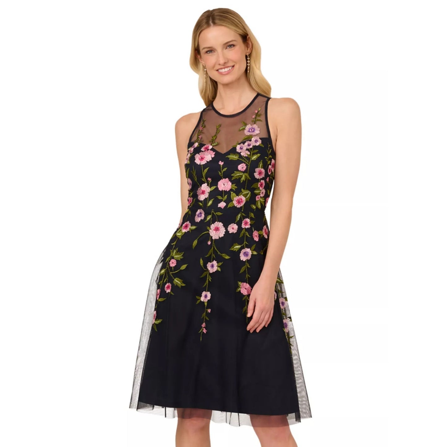 Adrianna Papell Women's Blue Floral Embroidered Beaded Fit & Flare Dress Size 4