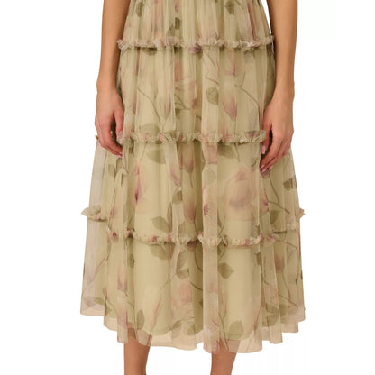 Adrianna Papell Printed Tiered Sleeveless Knit &Mesh MIDI Dress Sz 8, MSRP: 275