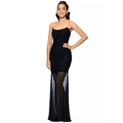 Betsy & Adam Women Studded Mesh Strapless Gown, Black/Silver, Size 8, MSRP:279 $g