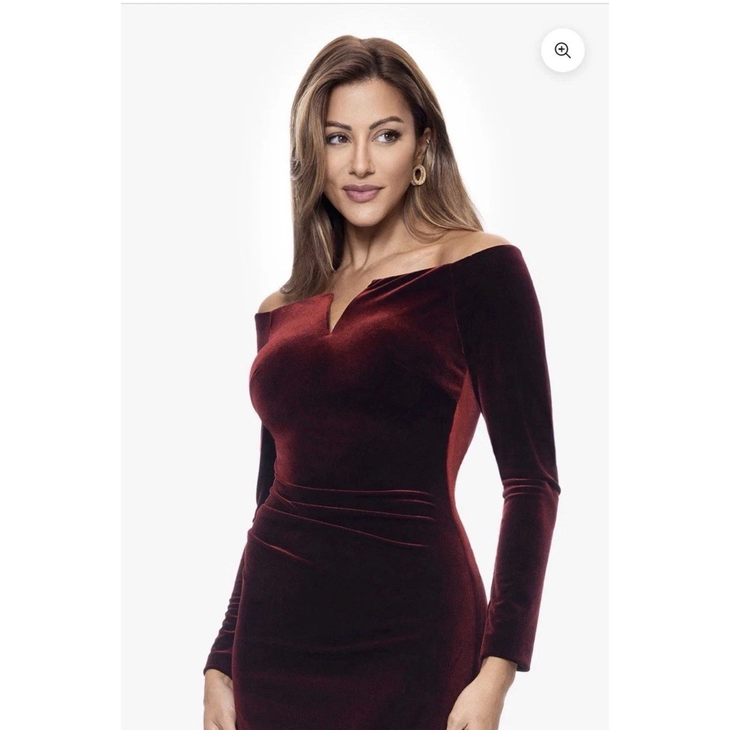 XSCAPE Petite "Christy" Long Off the Shoulder Velvet Dress, Size 8P, MSRP: 179$