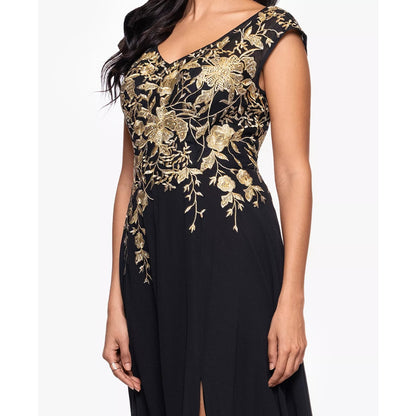 Betsy & Adam Petites Chiffon V-Neck Long a-Line Dress -Black, Gold Size 2p, 299$