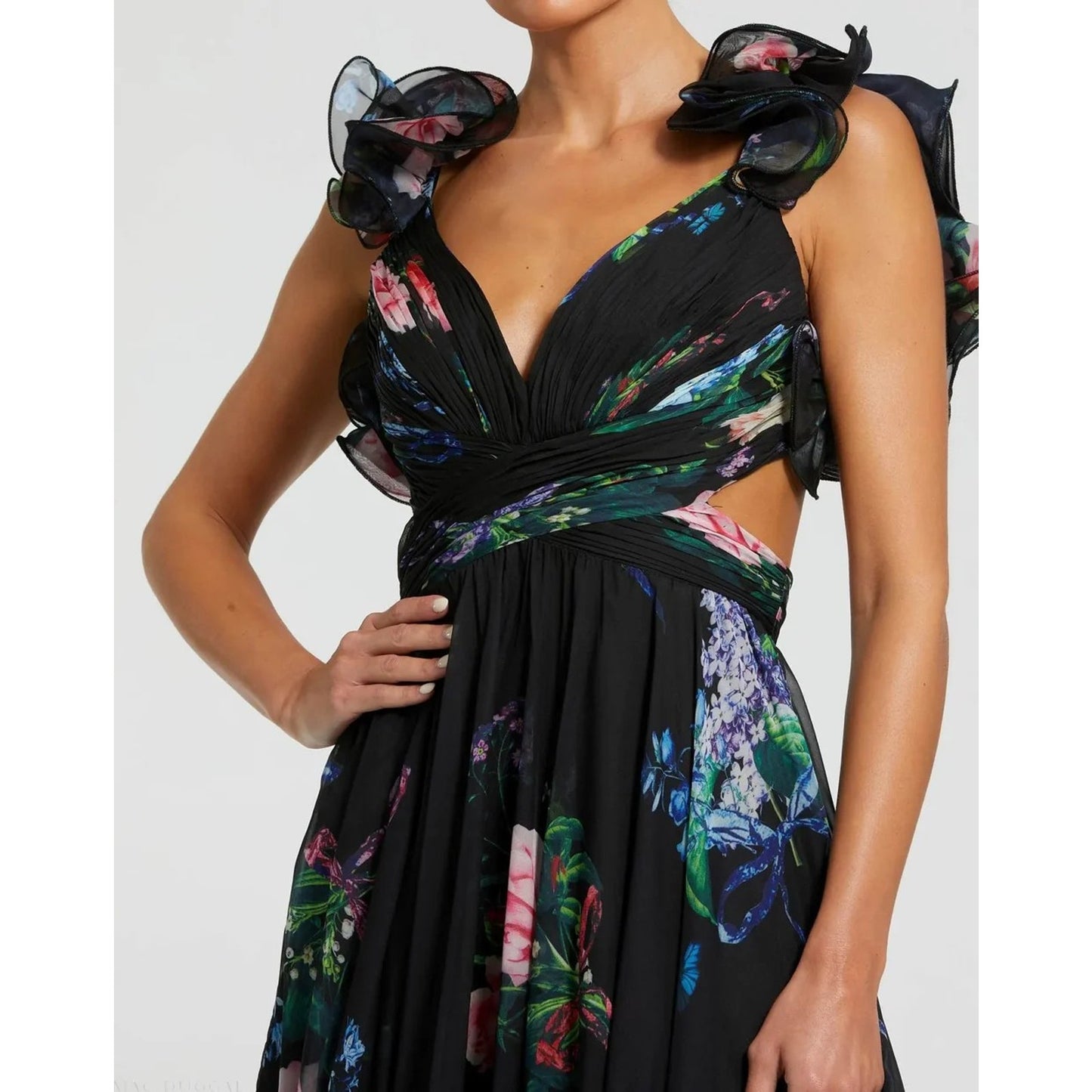 Mac Duggal 68746 Ruffle Tiered Floral Cut Out Chiffon Gown, Size 4, MSRP: 598$