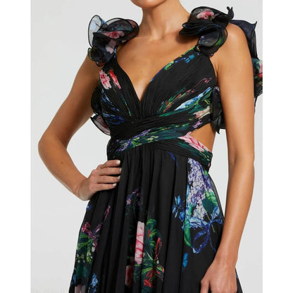 Mac Duggal 68746 Ruffle Tiered Floral Cut Out Chiffon Gown, Size 4, MSRP: 598$