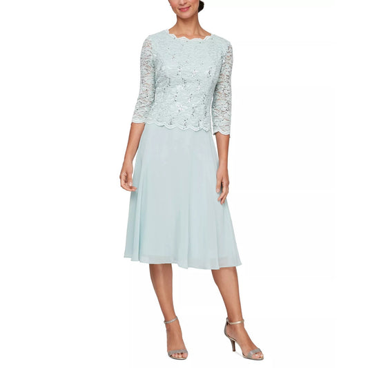 Alex Evenings Sequined Lace Contrast Midi Dress - Fresh Mint, Size 8, MSRP: 189$