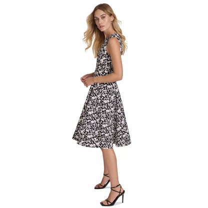 Calvin Klein Black Cream Printed Scuba Crepe A Line Dress