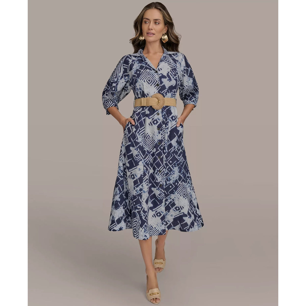 Donna Karan Belted Long Sleeve Linen Blend Maxi Shirtdress In Ink ,Size 10, 199$