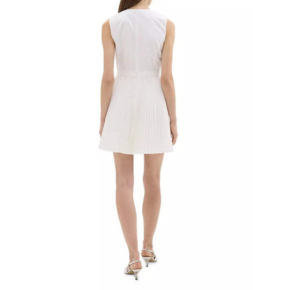 Theory Pleated Mini Dress Women's White Solid Round Neck Back Zip Closure NWT