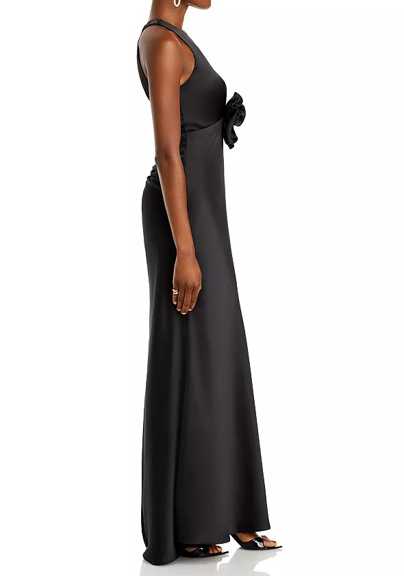 Aqua Women Black Long Satin Flower Trim Maxi Dress Size 0, MSRP: 318$