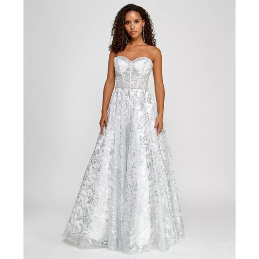 B Darlin Juniors' Strapless Glitter Mesh Ball Gown - Off White/ Silver Size 3/4.