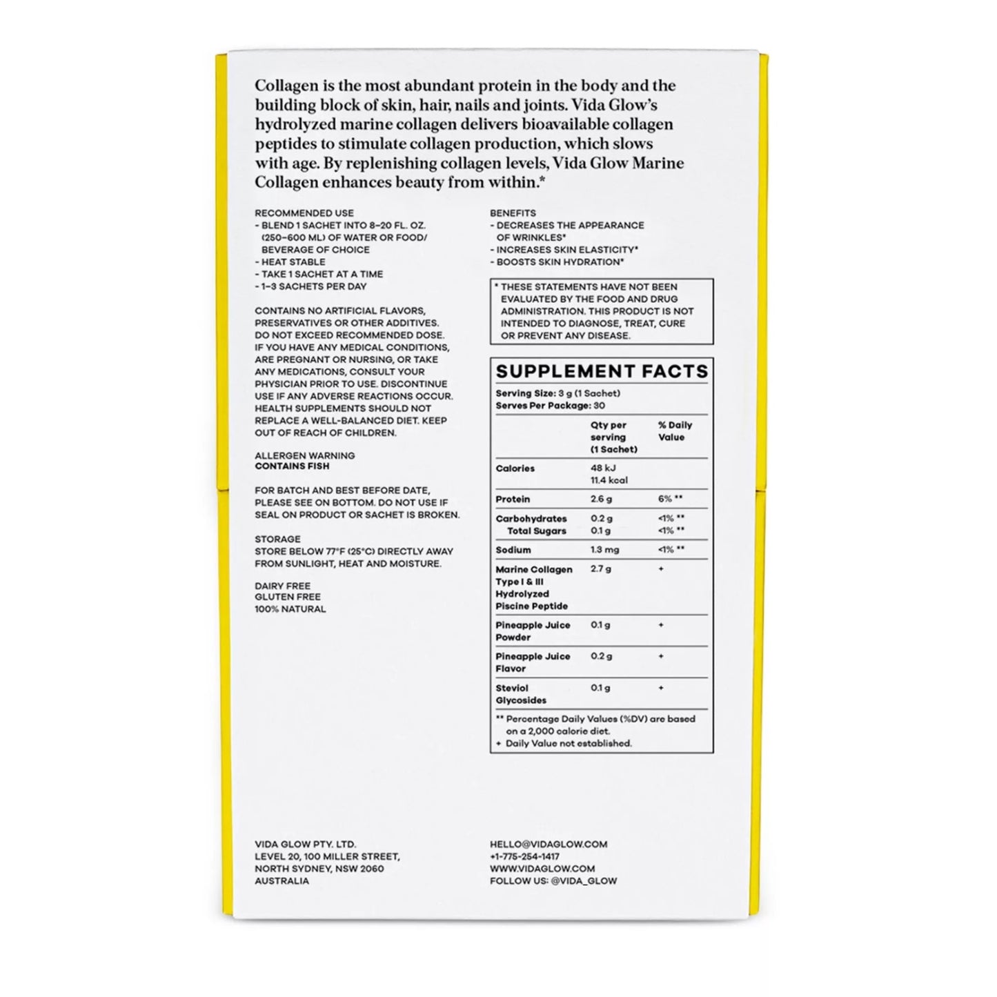 Vida Glow Natural Marine Collagen Dietary Supplement - Pineapple, exp 08/2027
