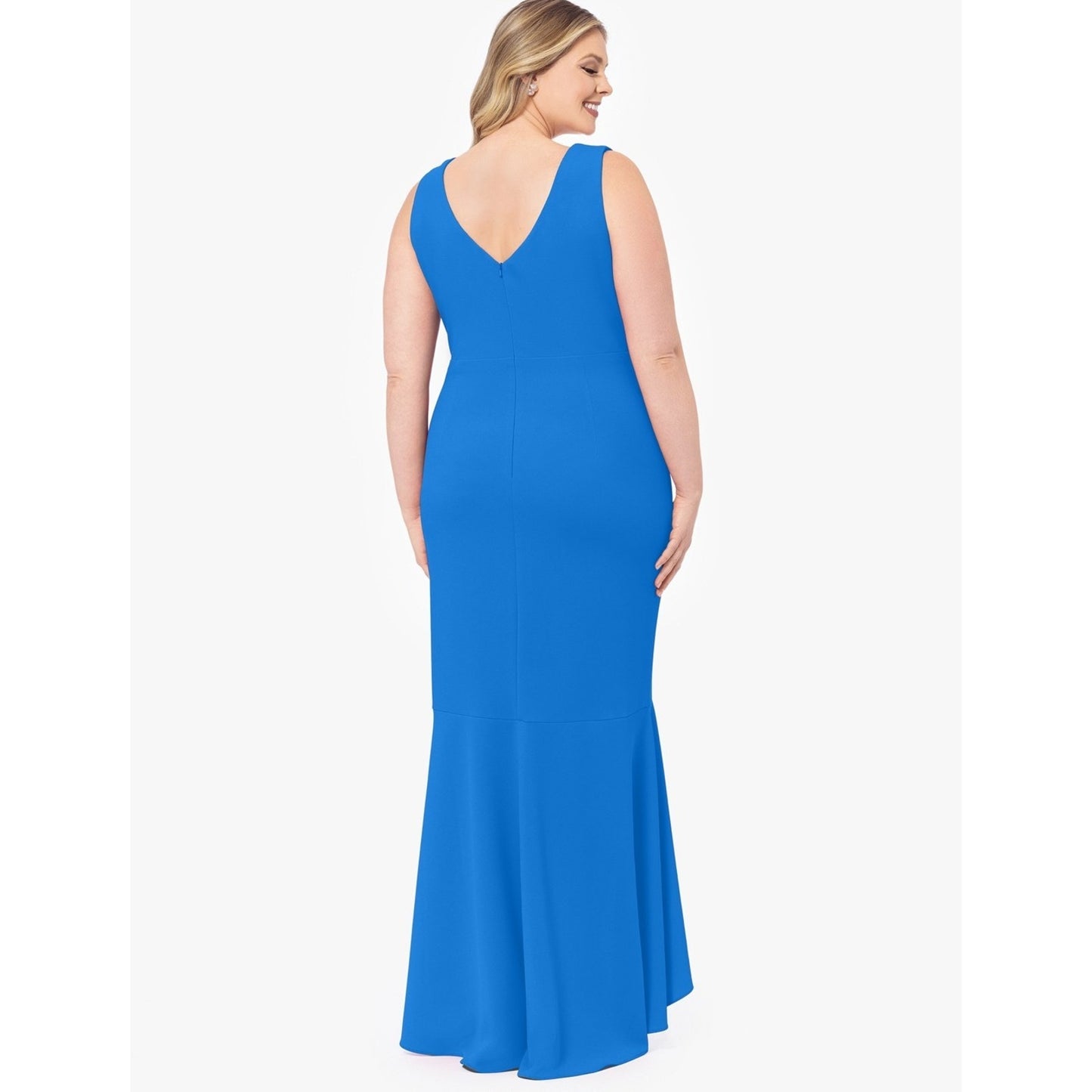 Betsy & Adam Plus Size Sleeveless Ruffled High-Low Gown - Cornflower, Size 14W