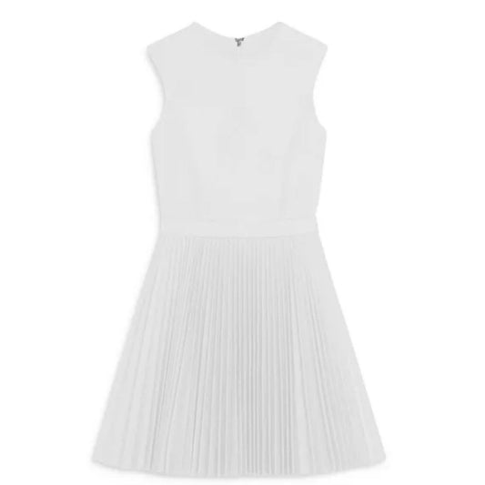 Theory Pleated Mini Dress Women's White Solid Round Neck Back Zip Closure NWT