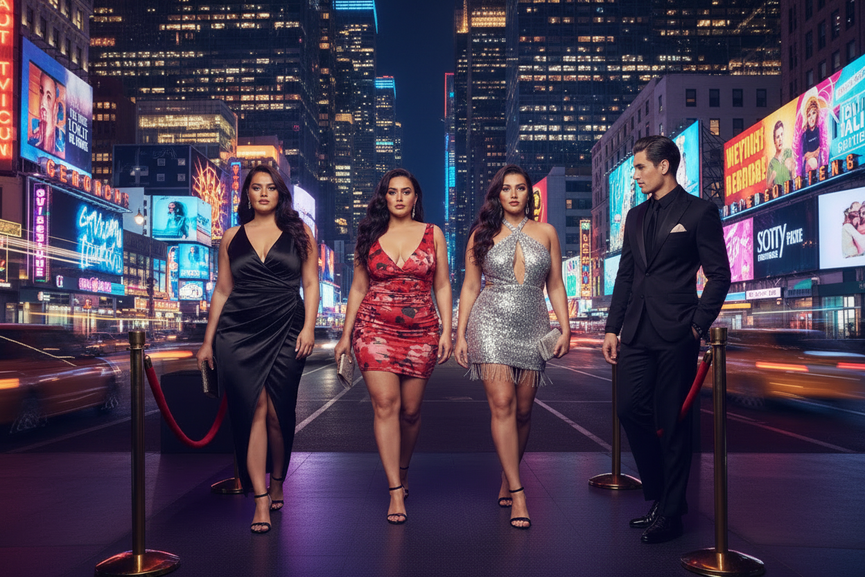 Latinas at nightclub with bright city lights background