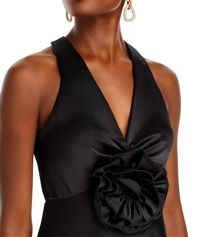Aqua Women Black Long Satin Flower Trim Maxi Dress Size 0, MSRP: 318$