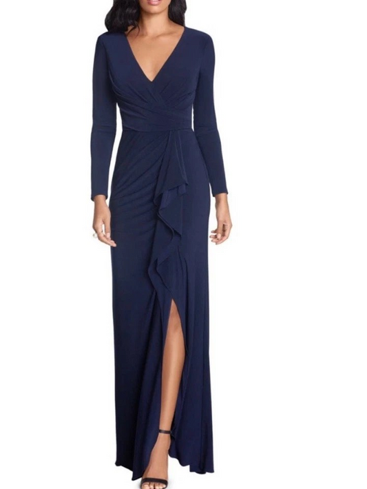BETSY & ADAM Blue Cascade Ruffle Deep V-Neck Stretch Jersey Gown Size 18 W, NEW