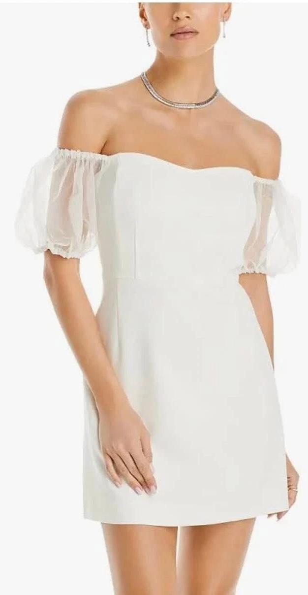 French Connection Whisper Puff Sleeve Dress Women's 4 Summer White Back Zip S/S