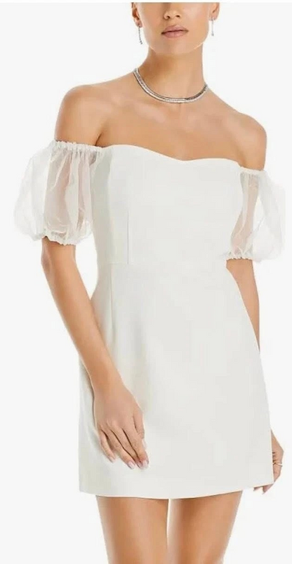 French Connection Whisper Puff Sleeve Dress Women's 4 Summer White Back Zip S/S