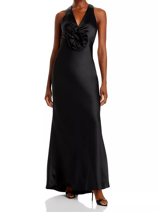Aqua Women Black Long Satin Flower Trim Maxi Dress Size 0, MSRP: 318$