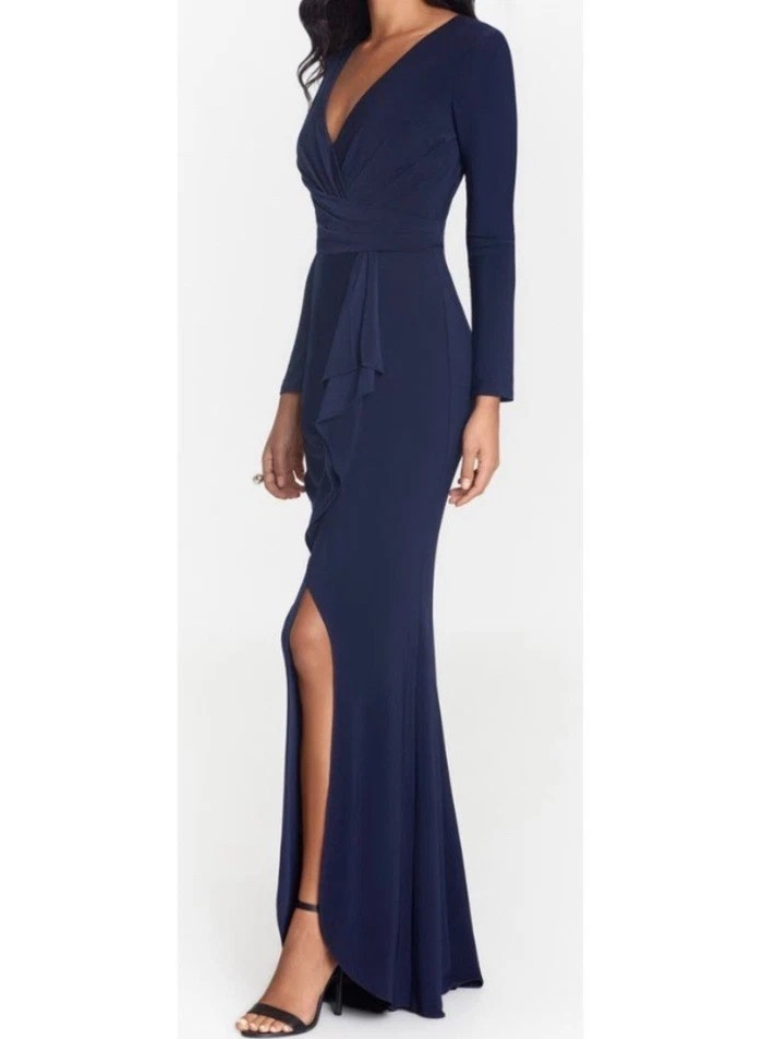 BETSY & ADAM Blue Cascade Ruffle Deep V-Neck Stretch Jersey Gown Size 18 W, NEW